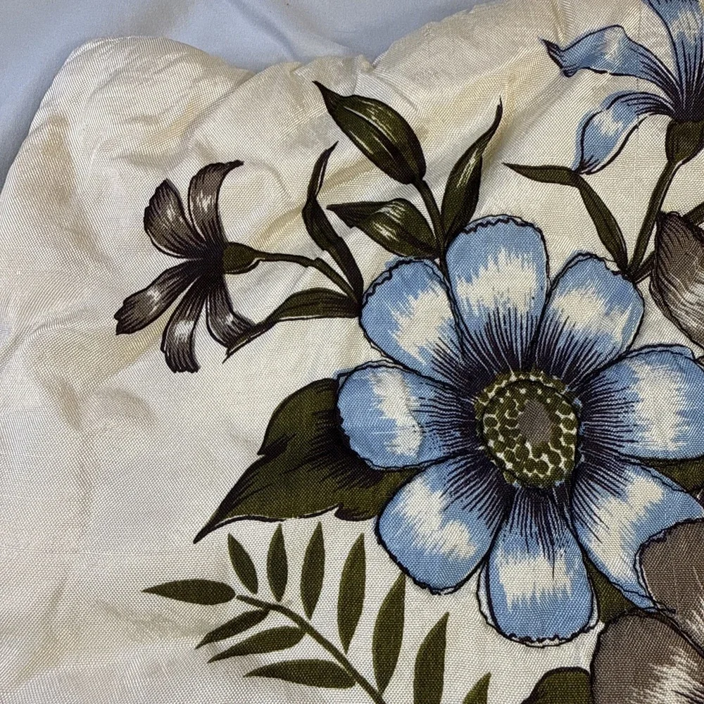 Vintage Plush Floral Pillow Cover Cream Blue Grey Daisy Mid Century Retro